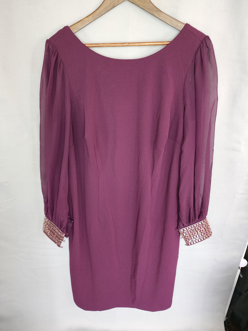 Calvin Klein Plum Long Sleeve Shift Dress with Beaded Cuffs